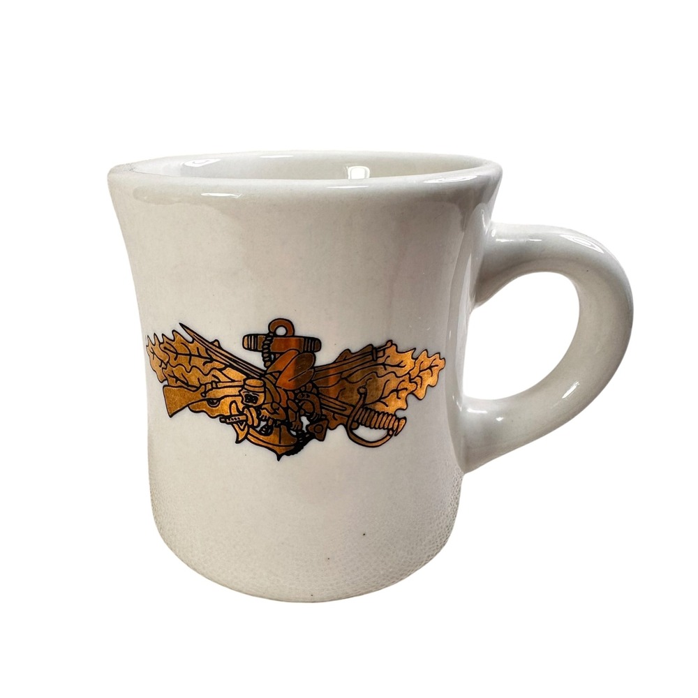 Vintage US Navy Seabees Gold Insignia Ceramic Coffee Mug White Diner Style